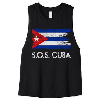 SOS Cuba Distressed Flag Women's Racerback Cropped Tank