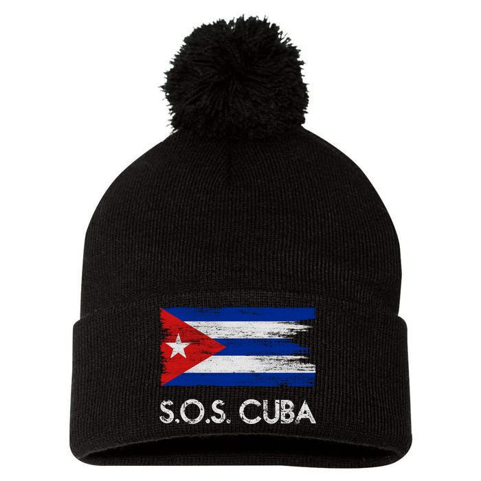 SOS Cuba Distressed Flag Pom Pom 12in Knit Beanie