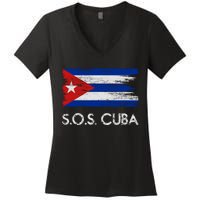 SOS Cuba Distressed Flag Women's V-Neck T-Shirt