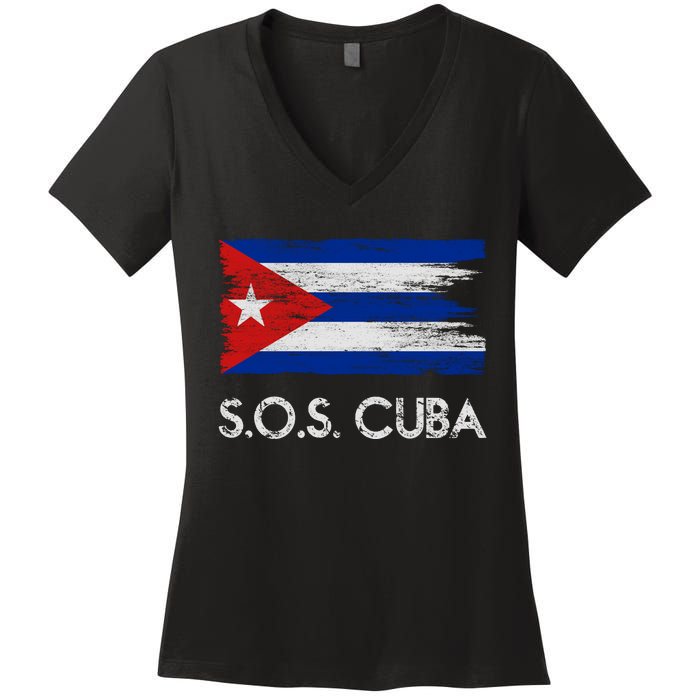 SOS Cuba Distressed Flag Women's V-Neck T-Shirt