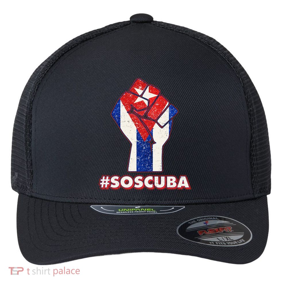 SOS Cuba Protest Fist Flag #SOSCUBA Flexfit Unipanel Trucker Cap