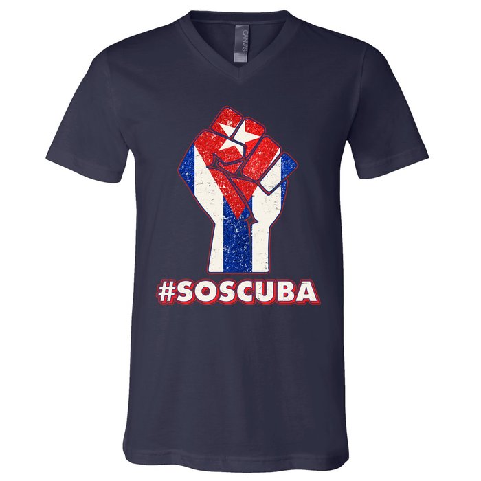 SOS Cuba Protest Fist Flag #SOSCUBA V-Neck T-Shirt