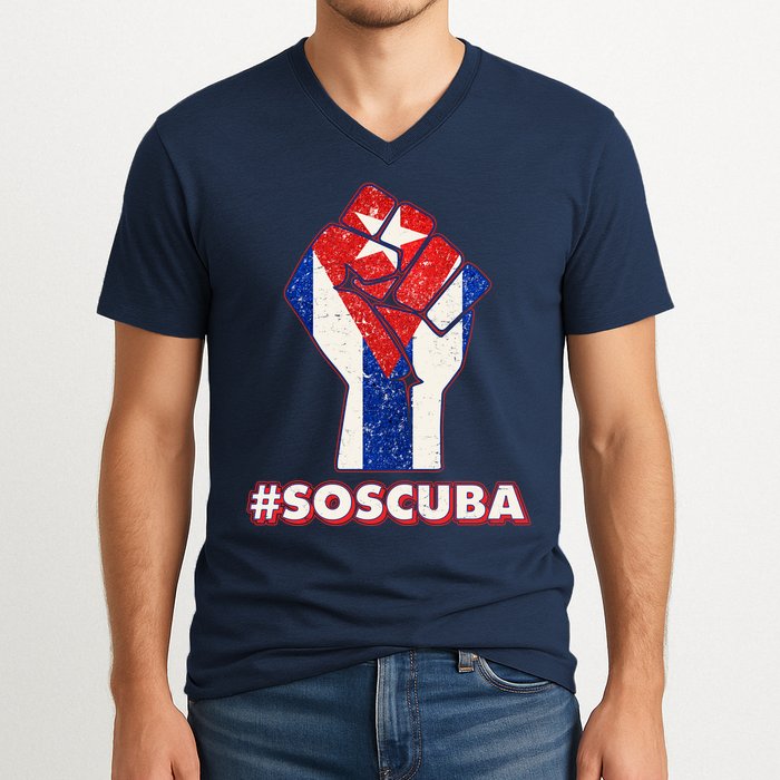 SOS Cuba Protest Fist Flag #SOSCUBA V-Neck T-Shirt