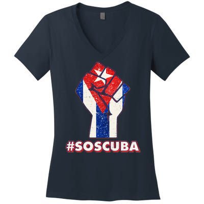 SOS Cuba Protest Fist Flag #SOSCUBA Women's V-Neck T-Shirt