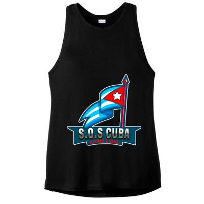 SOS Cuba Viva Cuba Libre Cubanos Bandera Cubana Ladies PosiCharge Tri-Blend Wicking Tank