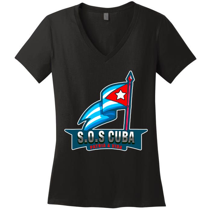 SOS Cuba Viva Cuba Libre Cubanos Bandera Cubana Women's V-Neck T-Shirt