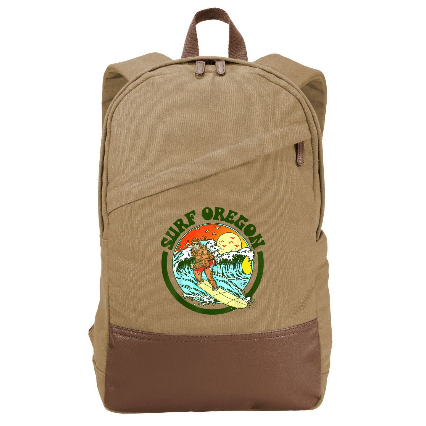 Surf Oregon! Surfing Bigfoot Funny Beach Sasquatch Surfer Shirt Cotton Canvas Backpack