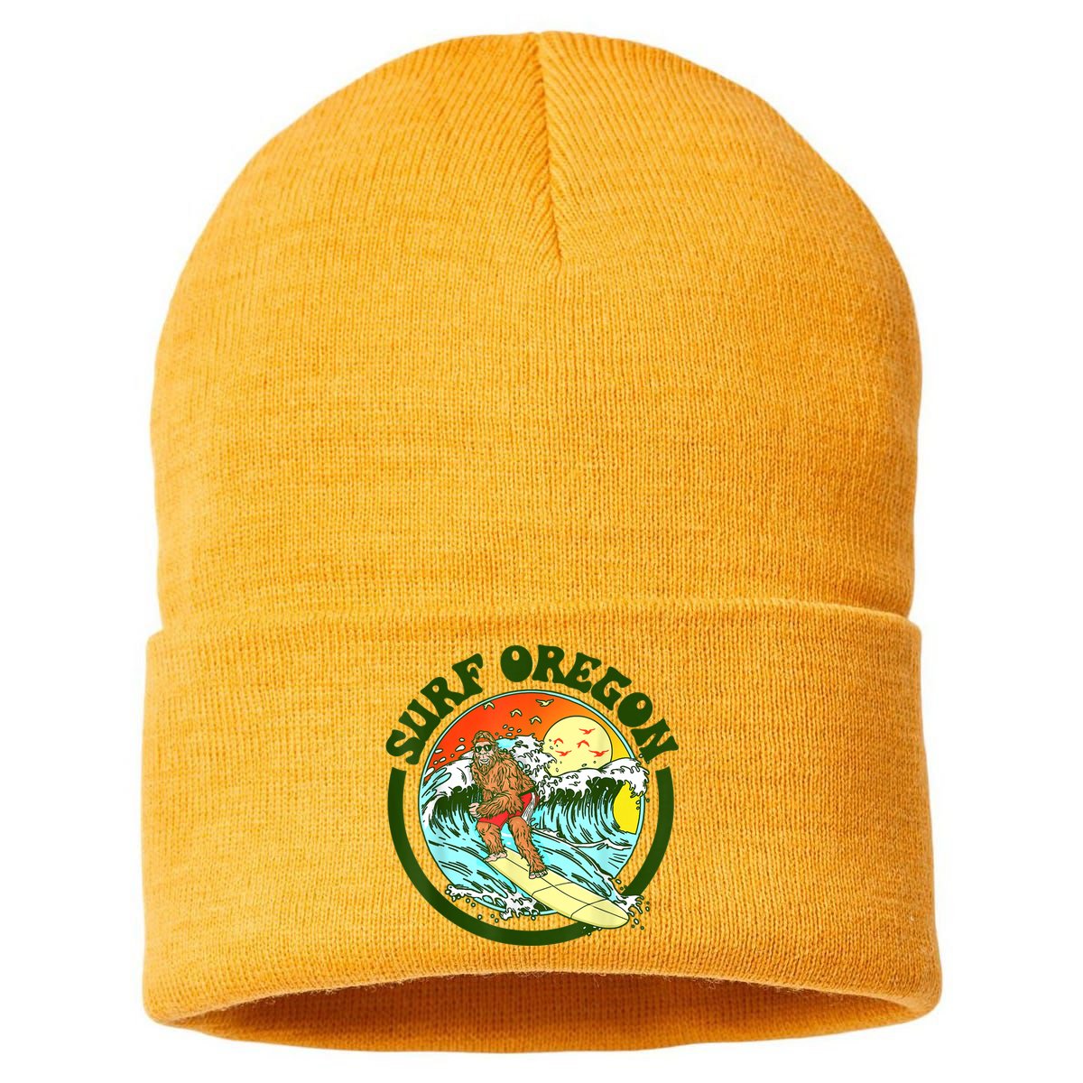 Surf Oregon! Surfing Bigfoot Funny Beach Sasquatch Surfer Shirt Sustainable Knit Beanie