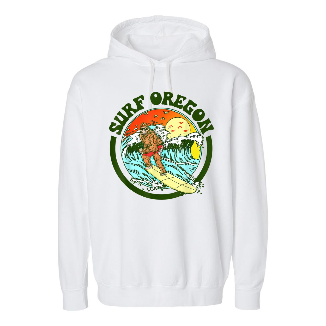 Surf Oregon! Surfing Bigfoot Funny Beach Sasquatch Surfer Shirt Garment-Dyed Fleece Hoodie