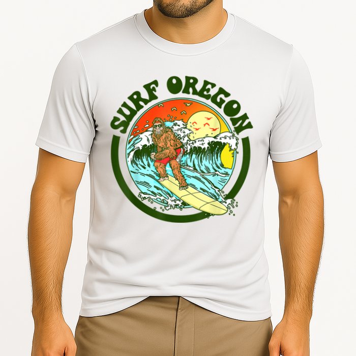 Surf Oregon! Surfing Bigfoot Funny Beach Sasquatch Surfer Shirt Cooling Performance Crew T-Shirt