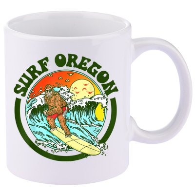 Surf Oregon! Surfing Bigfoot Funny Beach Sasquatch Surfer Shirt 11oz C Handle Ceramic Mug