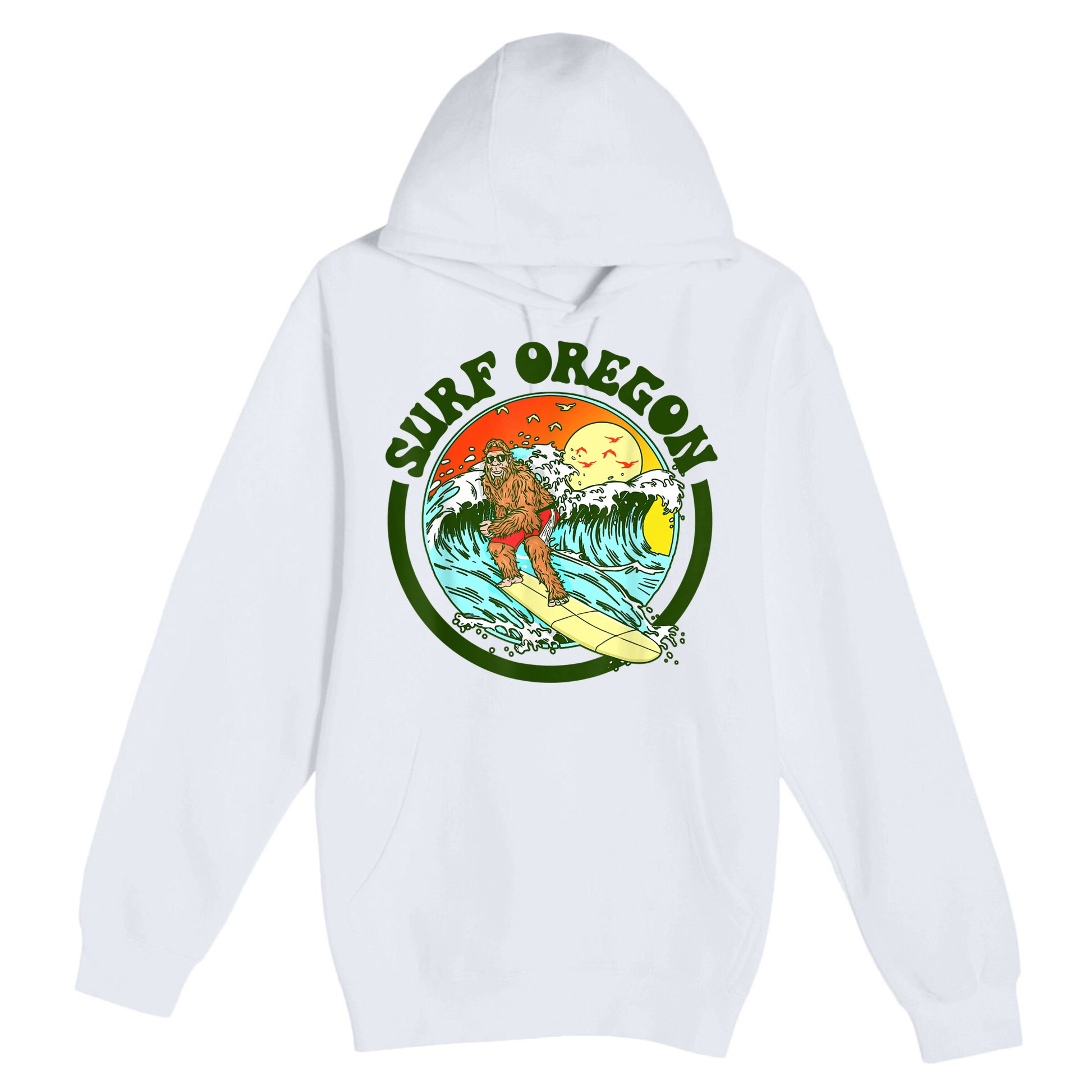 Surf Oregon! Surfing Bigfoot Funny Beach Sasquatch Surfer Shirt Premium Pullover Hoodie