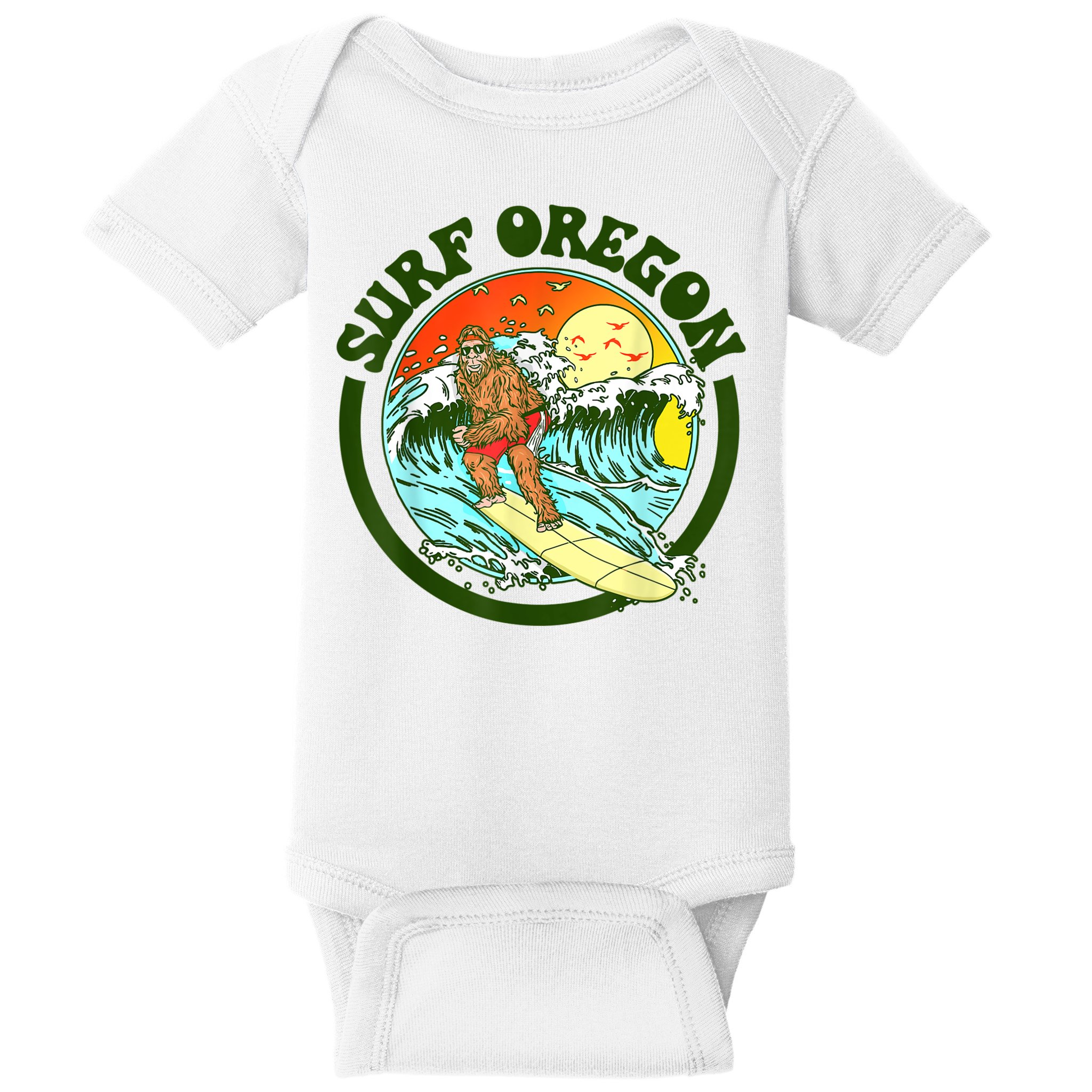 Surf Oregon! Surfing Bigfoot Funny Beach Sasquatch Surfer Shirt Baby Bodysuit
