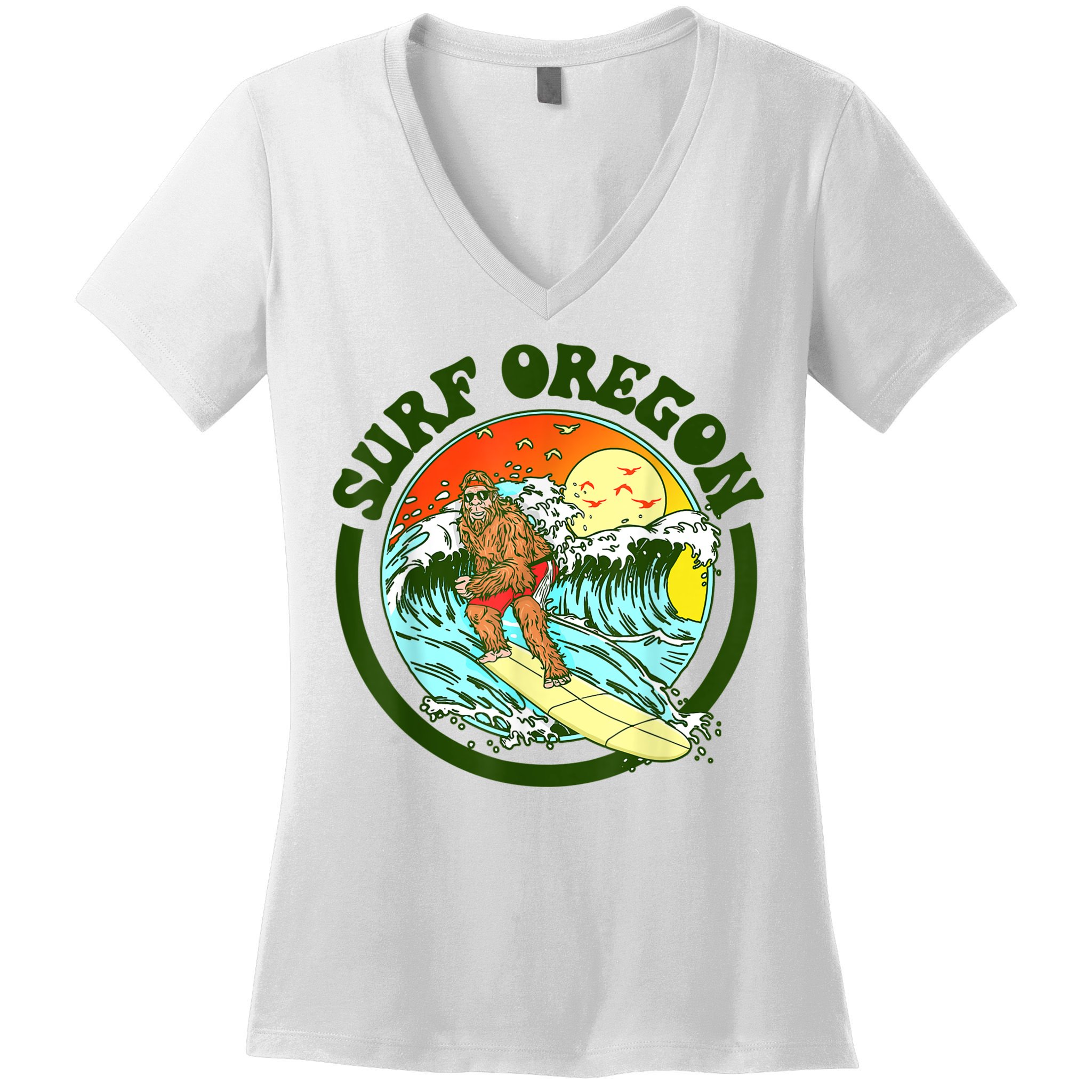 Surf Oregon! Surfing Bigfoot Funny Beach Sasquatch Surfer Shirt Women's V-Neck T-Shirt