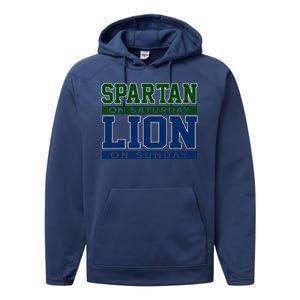 Spartan On Saturday Lion On Sunday Funny Detroit Performance Fleece Hoodie