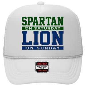 Spartan On Saturday Lion On Sunday Funny Detroit High Crown Mesh Back Trucker Hat