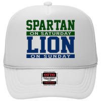 Spartan On Saturday Lion On Sunday Funny Detroit High Crown Mesh Back Trucker Hat