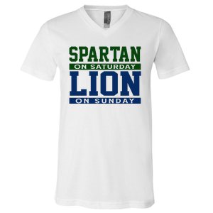 Spartan On Saturday Lion On Sunday Funny Detroit V-Neck T-Shirt