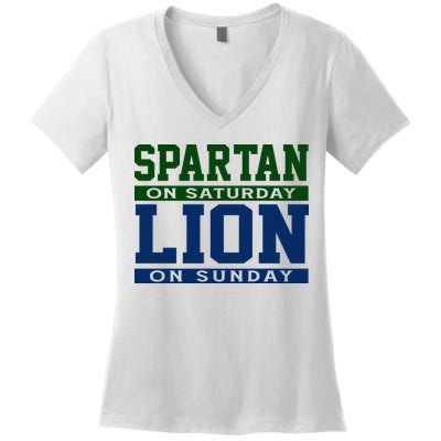 Spartan On Saturday Lion On Sunday Funny Detroit Women's V-Neck T-Shirt