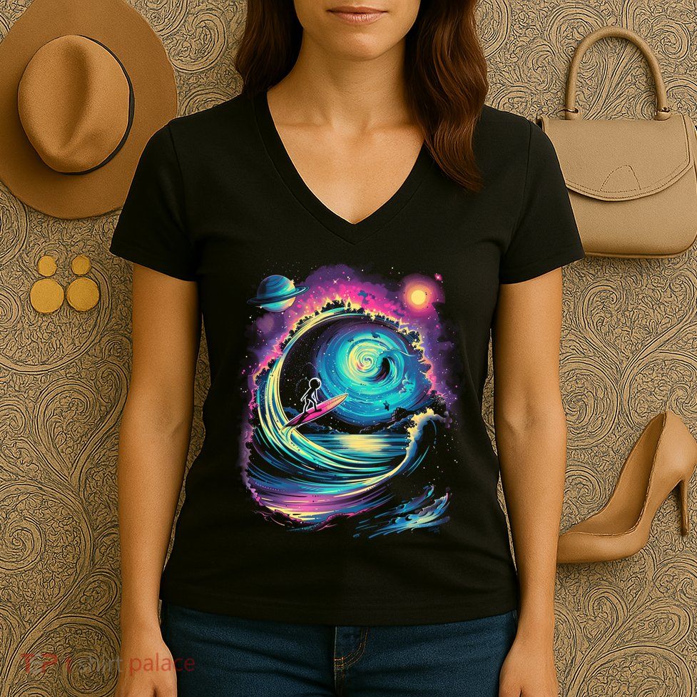 Surfing Outta Space Astronaut Women's V-Neck T-Shirt