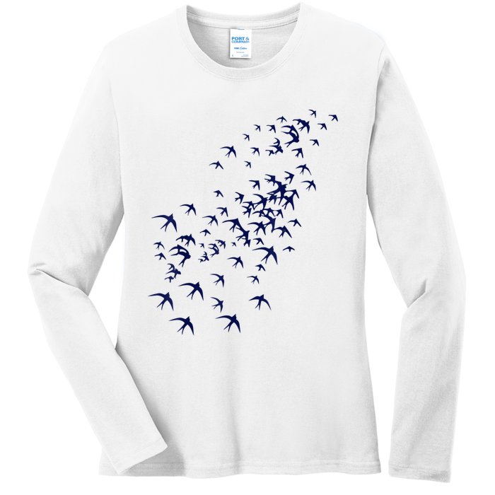 Swarm Of Swallows Flying Flock Of Birds For Nature Lovers Ladies Long Sleeve Shirt