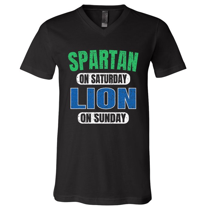 Spartan On Saturday Lion On Sunday Funny Detroit Vintage V-Neck T-Shirt