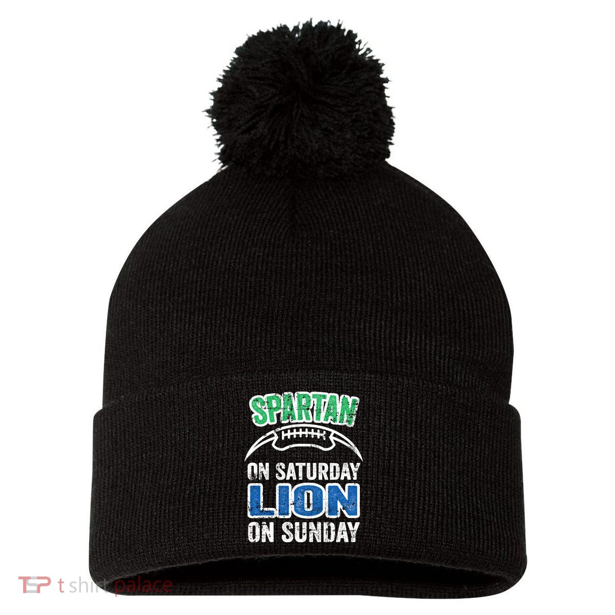 Spartan On Saturday Lion On Sunday Detroit Won Pom Pom 12in Knit Beanie