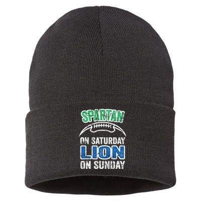 Spartan On Saturday Lion On Sunday Funny Detroit Wo Sustainable Knit Beanie