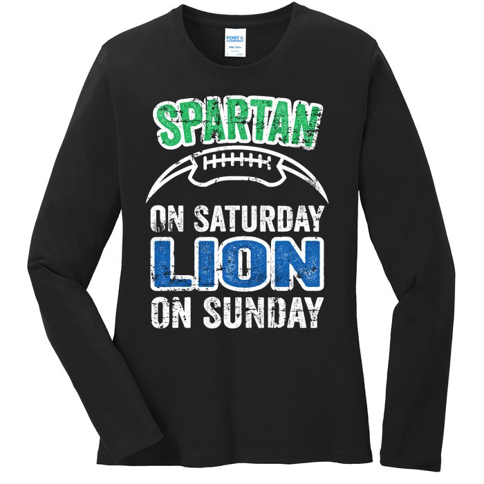 Spartan On Saturday Lion On Sunday Funny Detroit Wo Ladies Long Sleeve Shirt