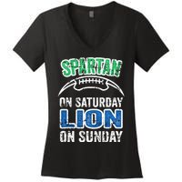 Spartan On Saturday Lion On Sunday Funny Detroit Wo Women's V-Neck T-Shirt