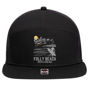 Surfing Old School Folly Beach South Carolina 7 Panel Mesh Trucker Snapback Hat