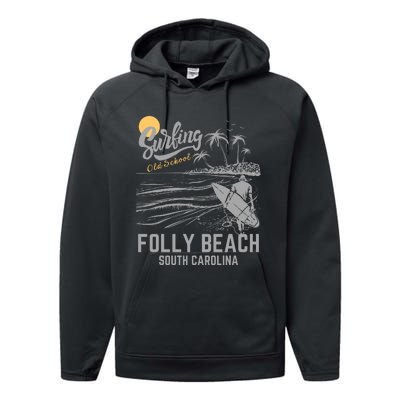 Surfing Old School Folly Beach South Carolina Performance Fleece Hoodie