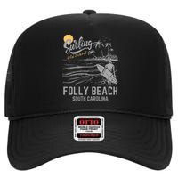 Surfing Old School Folly Beach South Carolina High Crown Mesh Back Trucker Hat