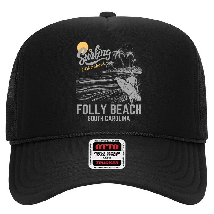 Surfing Old School Folly Beach South Carolina High Crown Mesh Back Trucker Hat