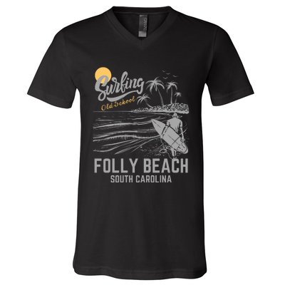 Surfing Old School Folly Beach South Carolina V-Neck T-Shirt