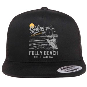 Surfing Old School Folly Beach South Carolina Flat Bill Trucker Hat