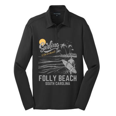 Surfing Old School Folly Beach South Carolina Silk Touch Performance Long Sleeve Polo