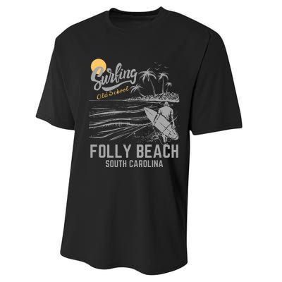 Surfing Old School Folly Beach South Carolina Performance Sprint T-Shirt