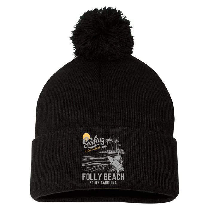 Surfing Old School Folly Beach South Carolina Pom Pom 12in Knit Beanie