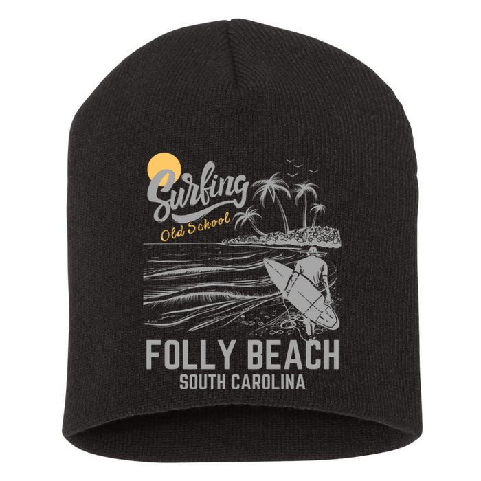 Surfing Old School Folly Beach South Carolina Short Acrylic Beanie