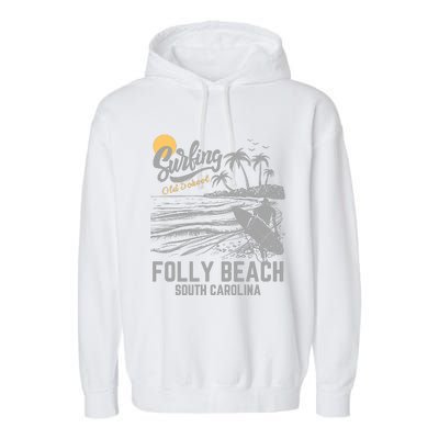 Surfing Old School Folly Beach South Carolina Garment-Dyed Fleece Hoodie