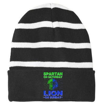 Spartan On Saturday Lion On Sunday Funny Detroit Mother Day Striped Beanie with Solid Band