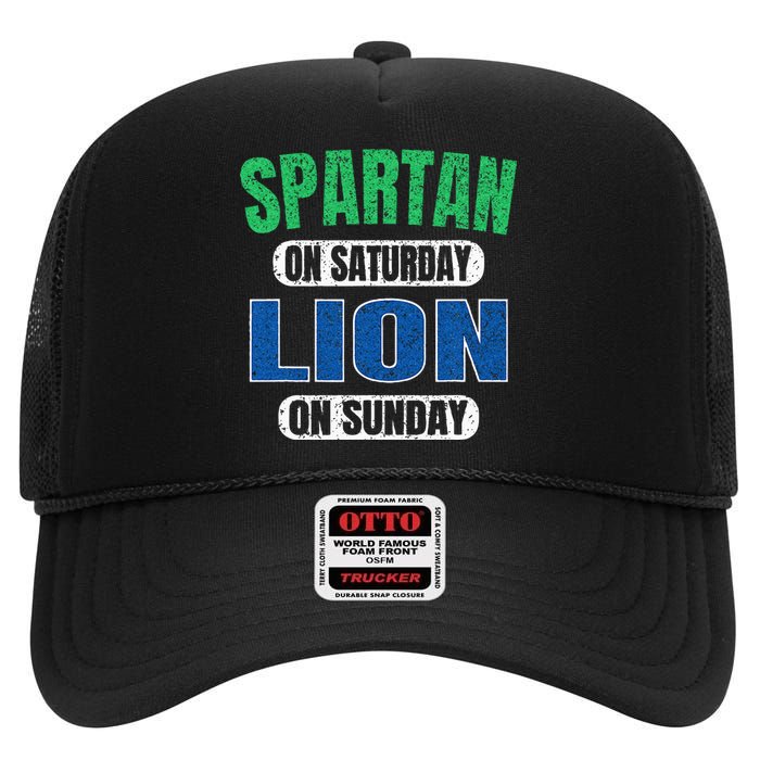 Spartan On Saturday Lion On Sunday Funny Detroit Vintage High Crown Mesh Back Trucker Hat