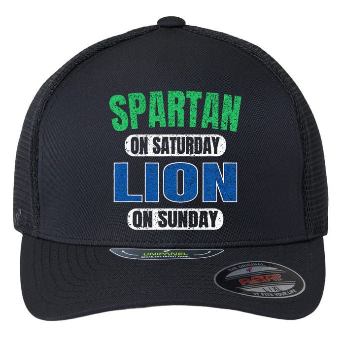 Spartan On Saturday Lion On Sunday Funny Detroit Vintage Flexfit Unipanel Trucker Cap