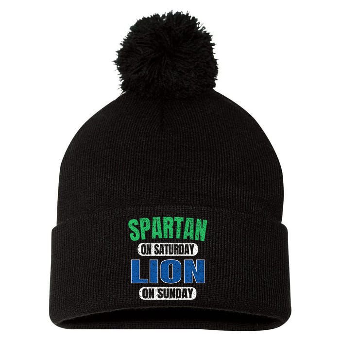 Spartan On Saturday Lion On Sunday Funny Detroit Vintage Pom Pom 12in Knit Beanie