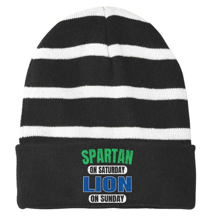 Spartan On Saturday Lion On Sunday Funny Detroit Vintage Striped Beanie with Solid Band