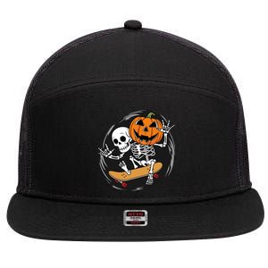 Skeleton On Skateboard With Jack O Lantern Head Funny Halloween Design 7 Panel Mesh Trucker Snapback Hat