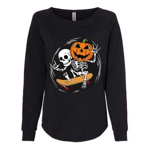 Skeleton On Skateboard With Jack O Lantern Head Funny Halloween Design Womens California Wash Sweatshirt