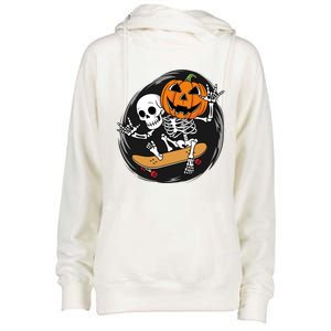 Skeleton On Skateboard With Jack O Lantern Head Funny Halloween Design Womens Funnel Neck Pullover Hood