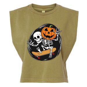 Skeleton On Skateboard With Jack O Lantern Head Funny Halloween Design Garment-Dyed Women's Muscle Tee